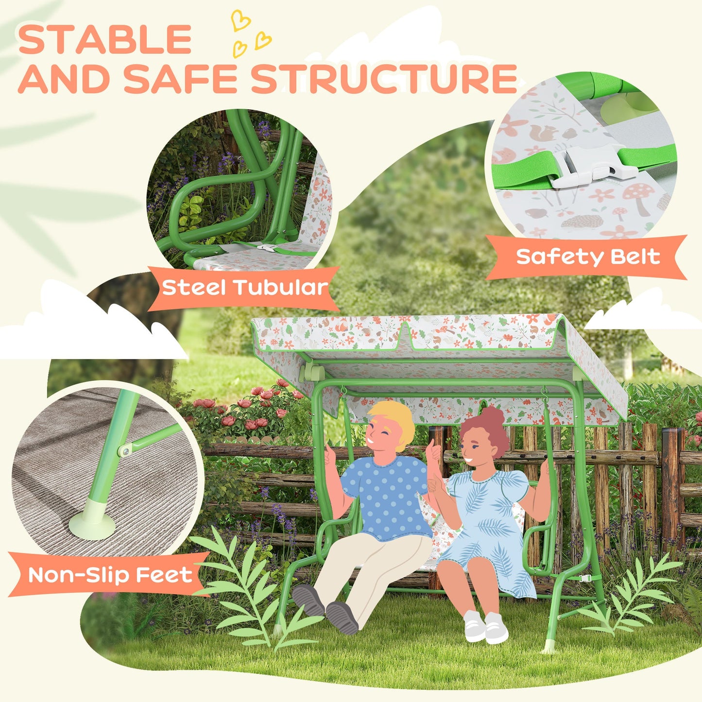 AIYAPLAY Kids Garden Swing Chair with Adjustable Canopy, Safety Belt, 2 Seater Hammock Swing Bench for Patio, Porch, Green