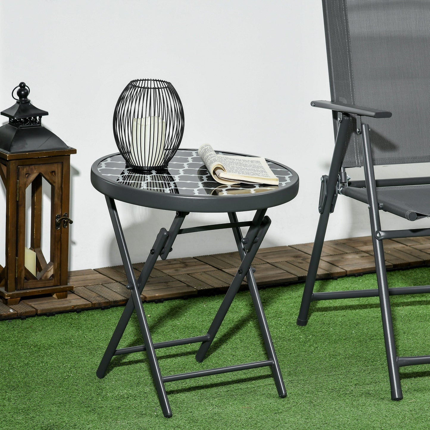 Outsunny a45cm Garden Side Table, Outdoor Round Folding Patio Table with Imitation Marble Glass Top, Small Coffee Table, Black and White