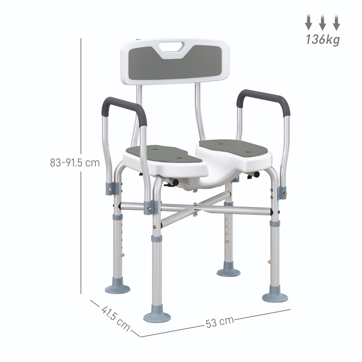 HOMCOM Shower Chair with Hygiene Cut-Out Seat and Reinforced Crossbars, Height Adjustable Padded Bath Chair with Non-slip Feet for Elderly Seniors Disabled Handicap, Tool-Free Assembly, Grey