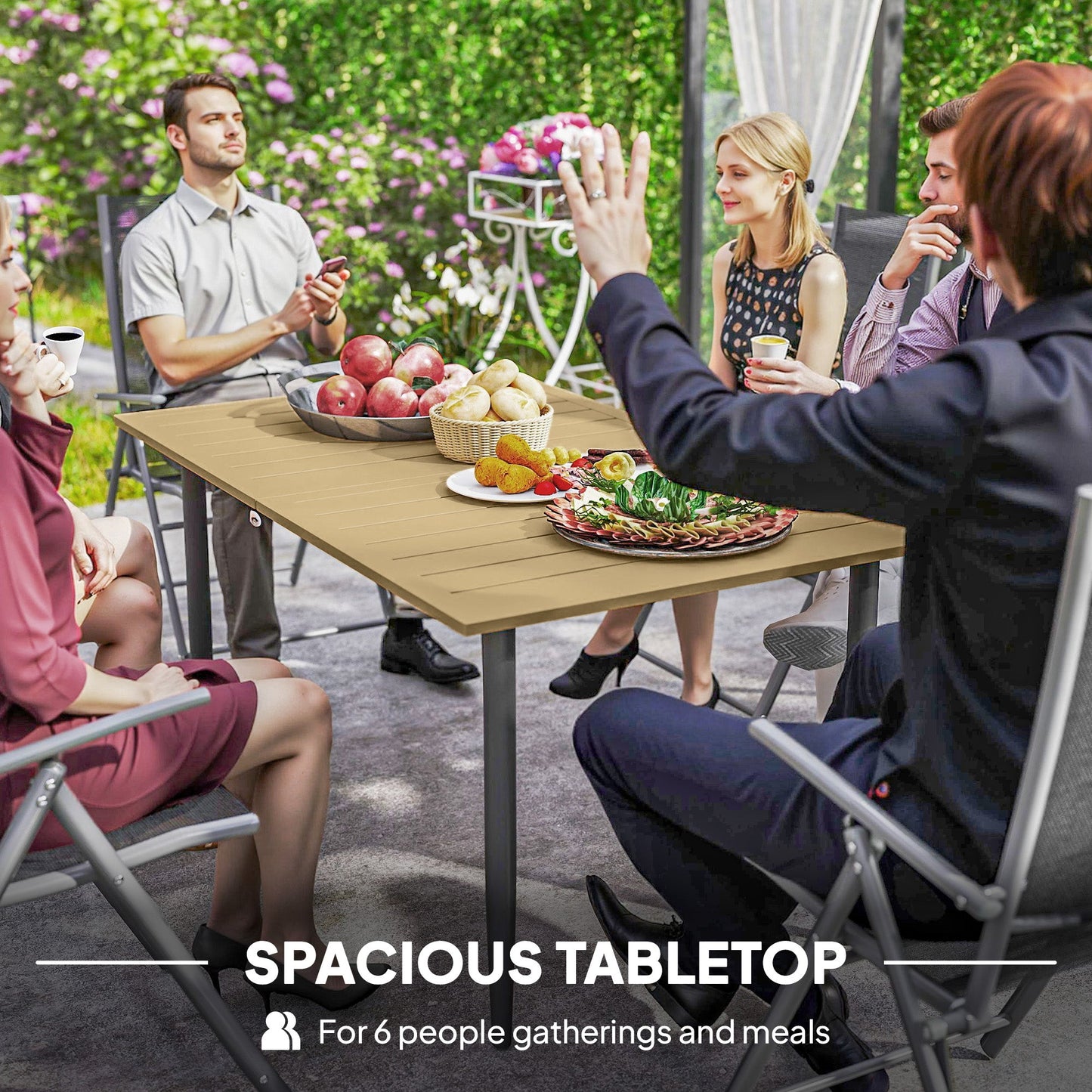 Outsunny Garden Dining Table, 150 x 90 cm Rectangle Outdoor Table with 5 cm Parasol Hole, Slatted Tabletop and Steel Frame for Patio Balcony, (Table Only) Brown