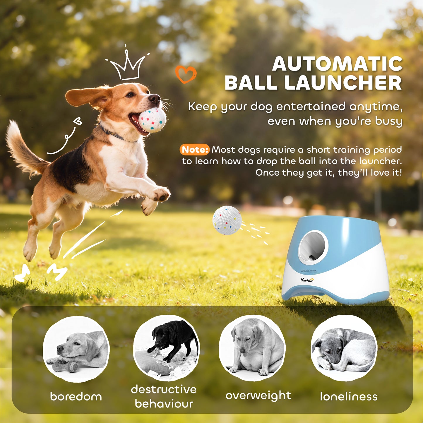 PawHut Automatic Dog Ball Launcher with 5 ETPU Balls 5.8 cm, 3 Distance Settings 6/10/14 m, Blue