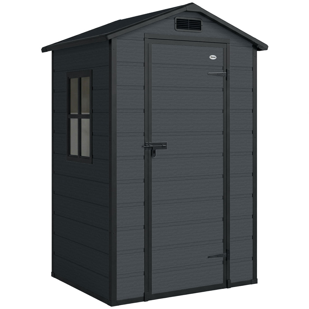 Outsunny 4 x 3 ft Plastic Garden Shed with Floor, Outdoor Storage Shed with Lockable Door, Window and Vent, Dark Grey