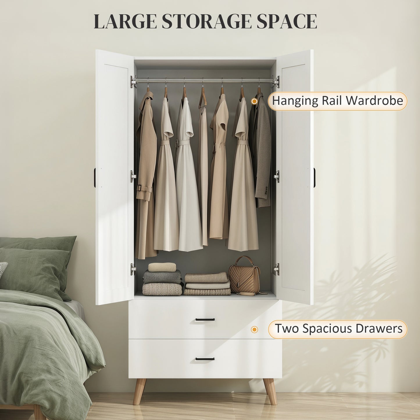 HOMCOM 2-Door Wardrobe, Modern Wardrobe with 2 Drawers and Hanging Rail for Bedroom, White