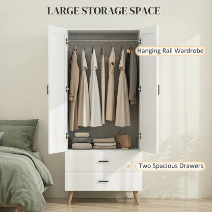 HOMCOM 2-Door Wardrobe, Modern Wardrobe with 2 Drawers and Hanging Rail for Bedroom, White