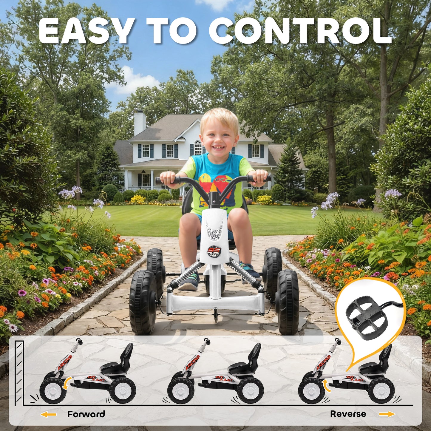 AIYAPLAY Kids Pedal Go Kart with Steel Frame, Sporty Design, for Ages 2-5 Years, White