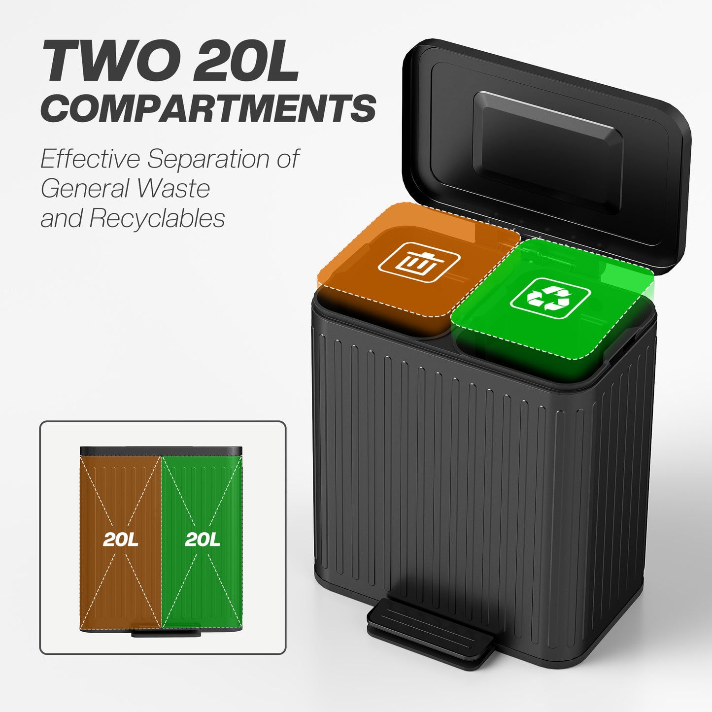 HOMCOM 40L Dual Compartment Rubbish Bin, with Soft-Close Lid - Black