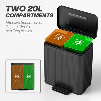 HOMCOM 40L Dual Compartment Rubbish Bin, with Soft-Close Lid - Black