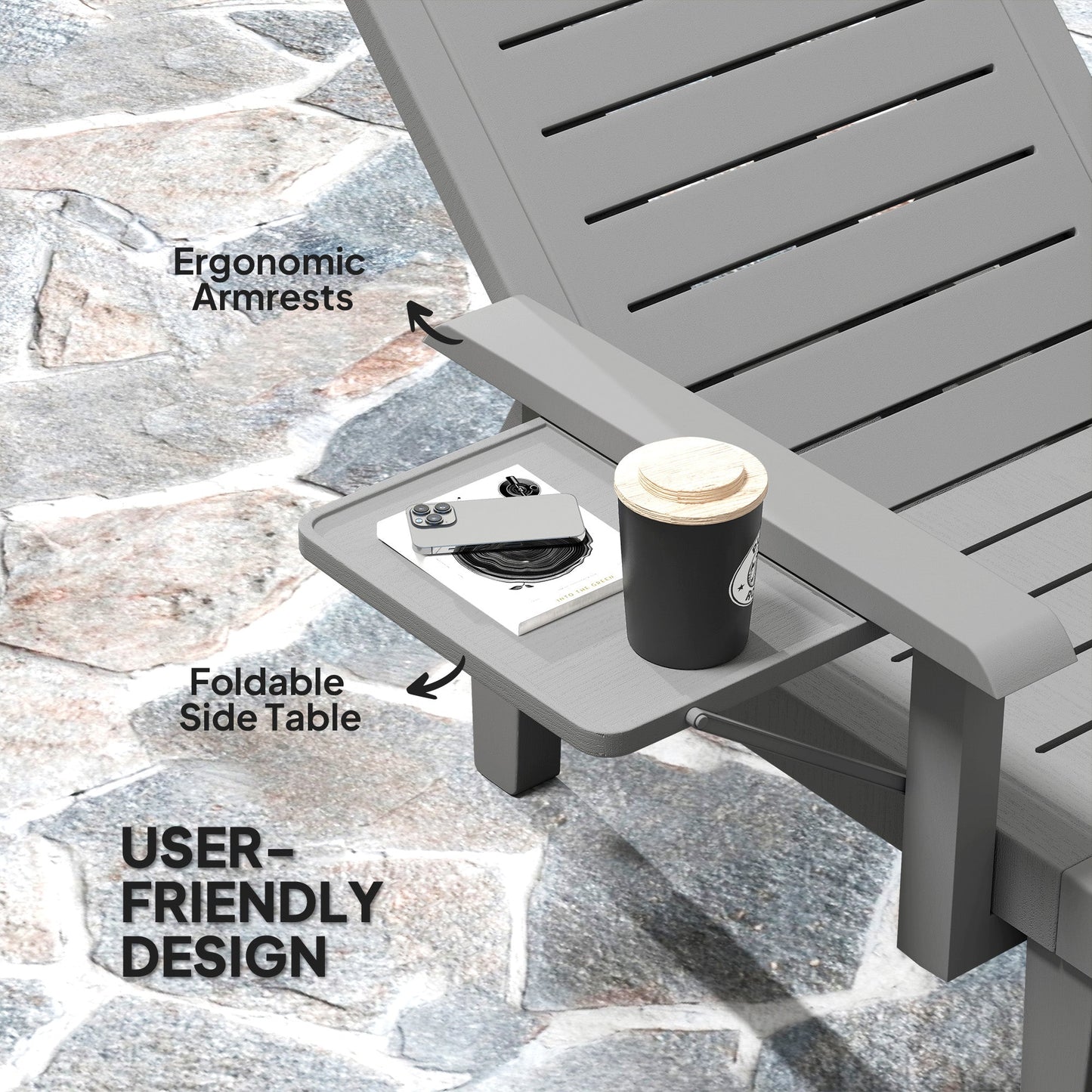 Outsunny Set of 2 Resin Reclining Sun Loungers for Garden, 5 Positions Adjustable Outdoor Chaise Lounge Chairs with Wood Texture Surface, Armrests, Foldable Side Table for Garden, Beach, Dark Grey