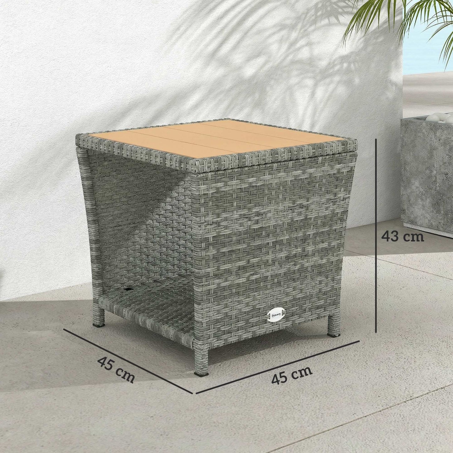 Outsunny Side Table 2-Tier Outdoor Coffee Table with Storage Shelf PS Wood Slat Top/Light Grey