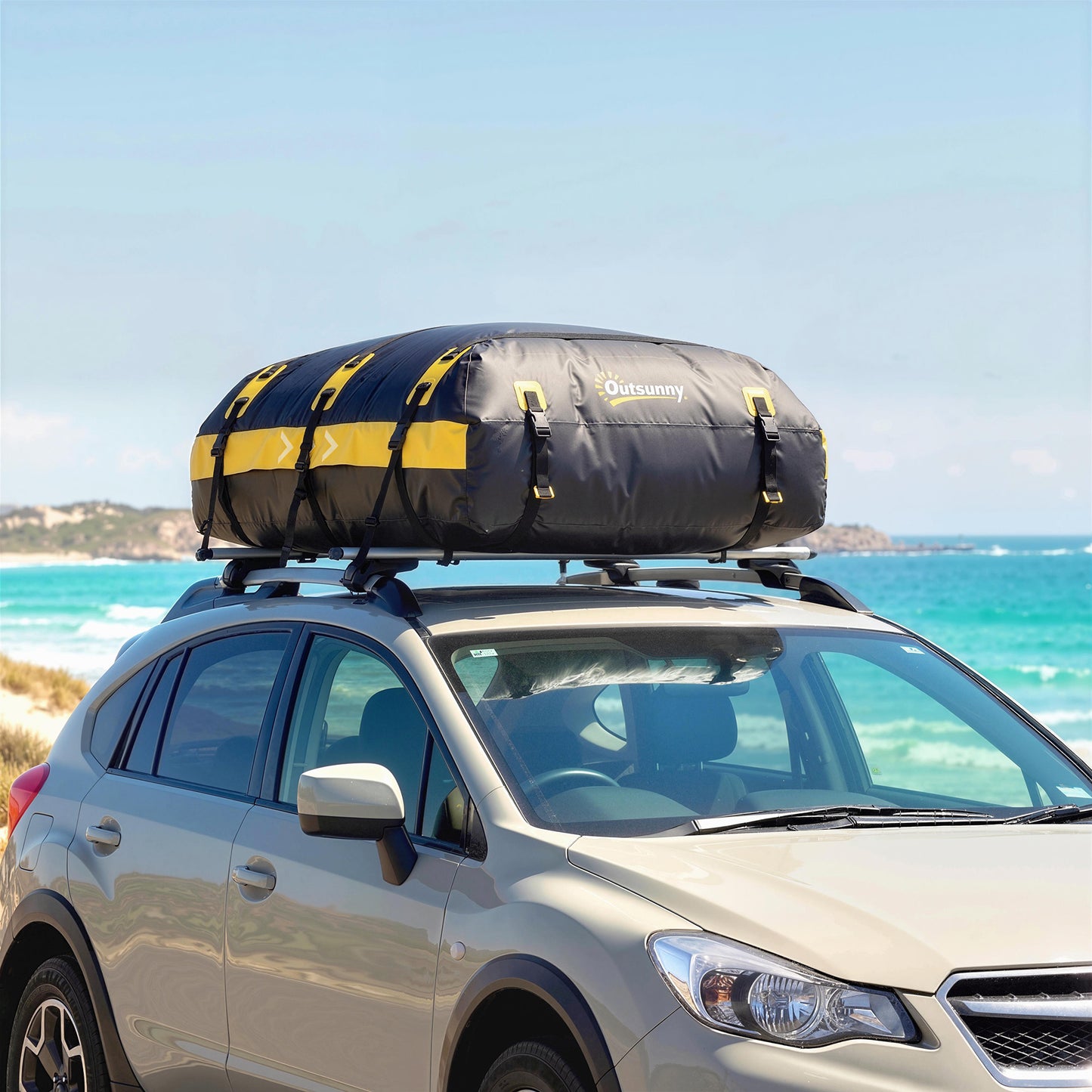 Outsunny Car Roof Bag, 21 Cubic Feet Waterproof Soft Car Roof Box Roofing Cargo Carrier w/ Reflective Arrows, Door Hooks, Yellow