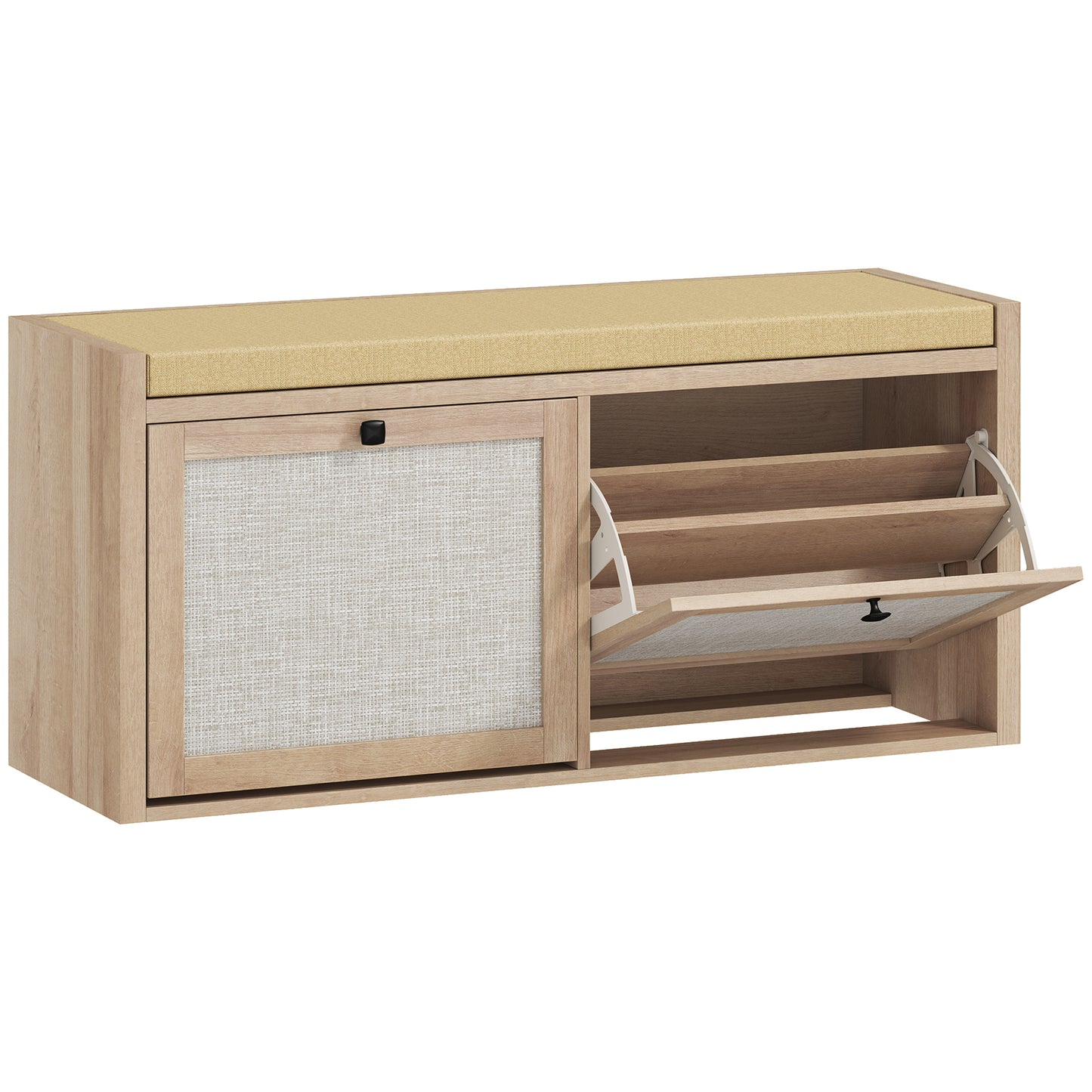 HOMCOM Rattan Shoe Bench with Padded Cushion and 2 Cabinets for Hidden Storage, Oak Wood Effect