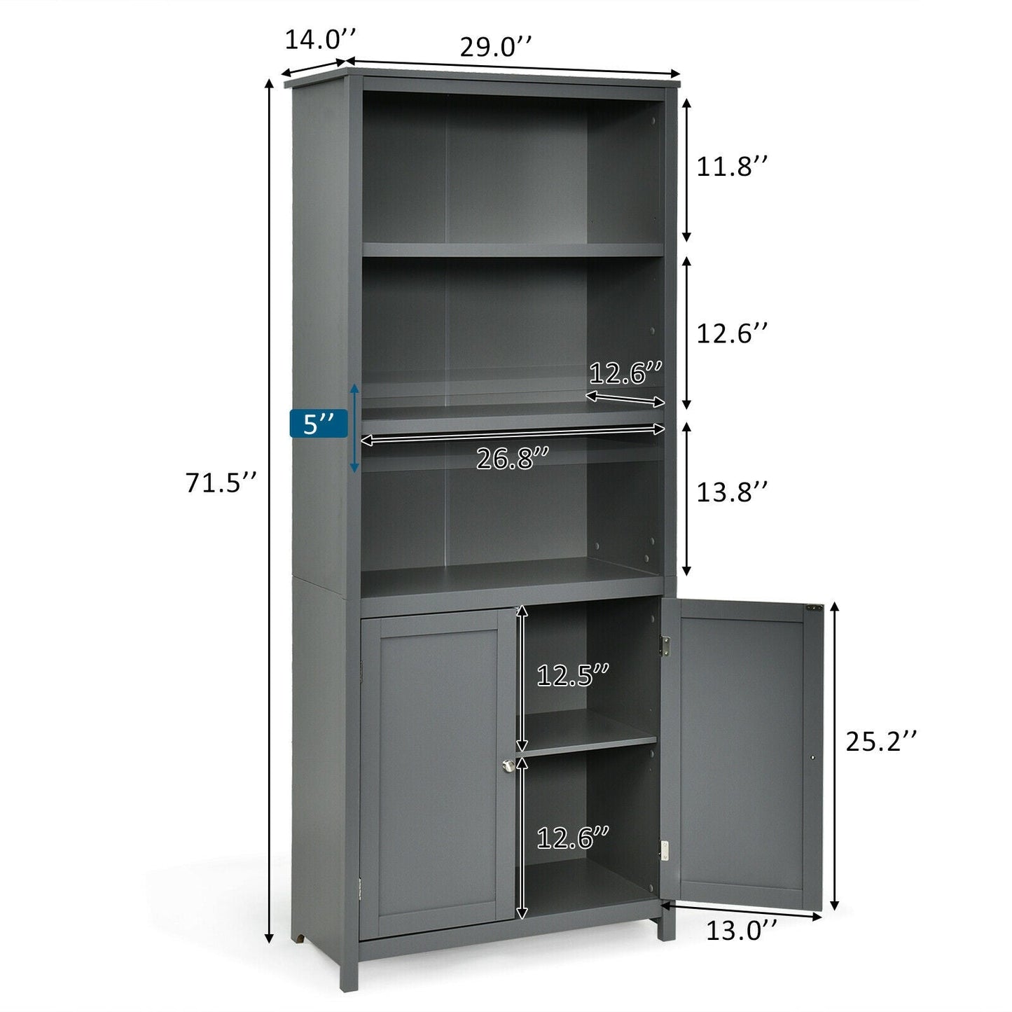 3-Shelf Bookcase with Double Doors & Adjustable Shelves & Cabinet-Grey