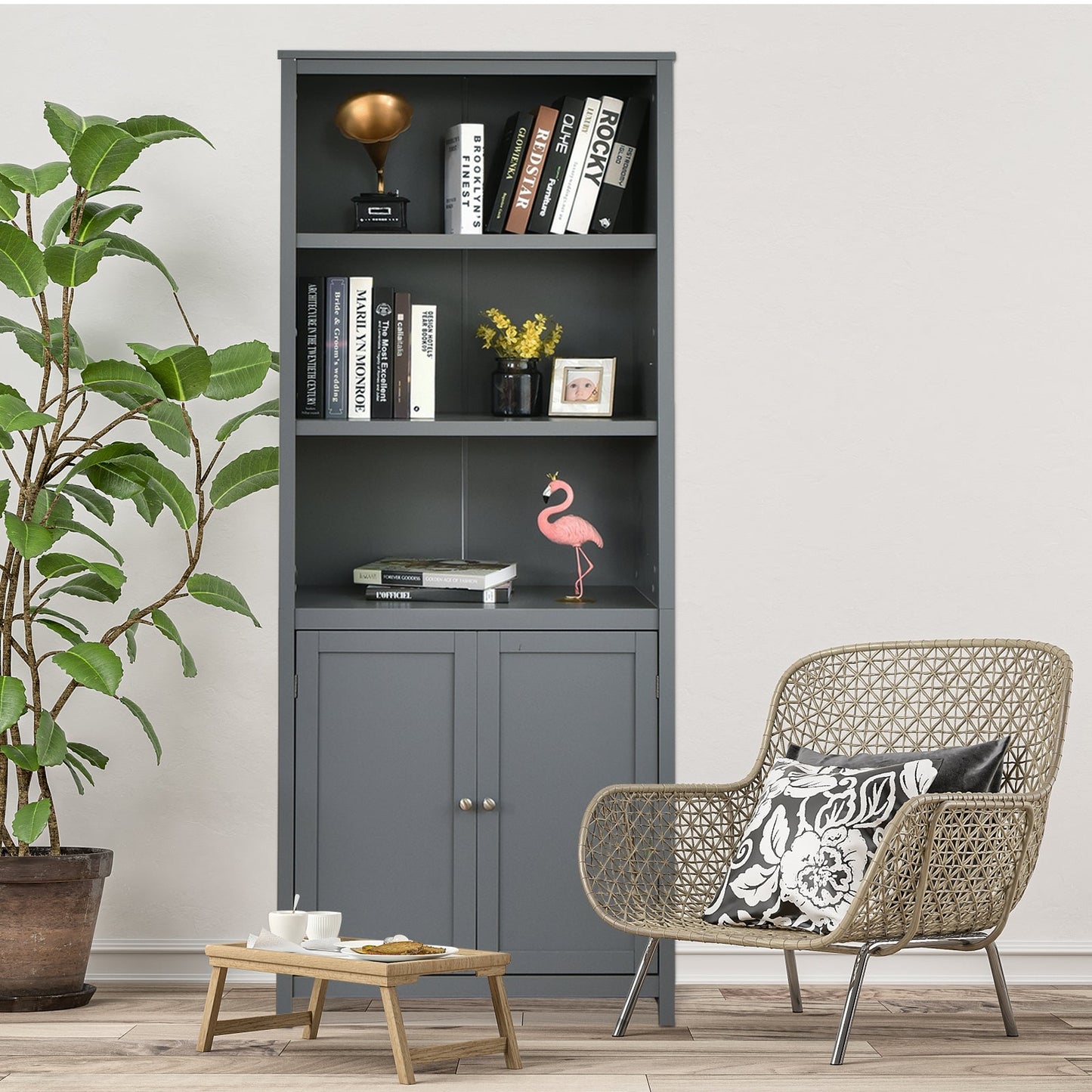 3-Shelf Bookcase with Double Doors & Adjustable Shelves & Cabinet-Grey