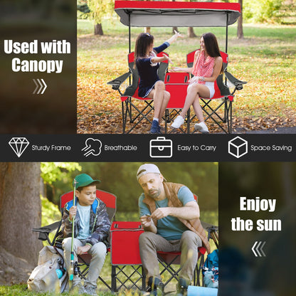 Double Folding Camping Chair with Canopy and Armrests-Red