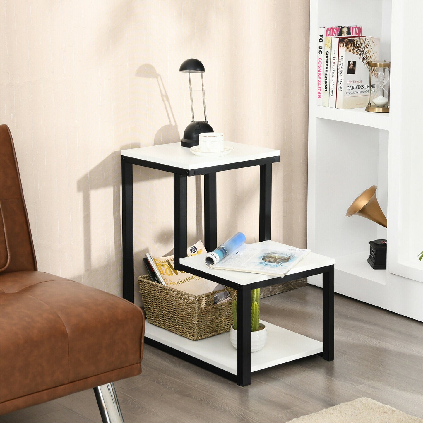 Industrial Styled End Table with 3 Shelves-White