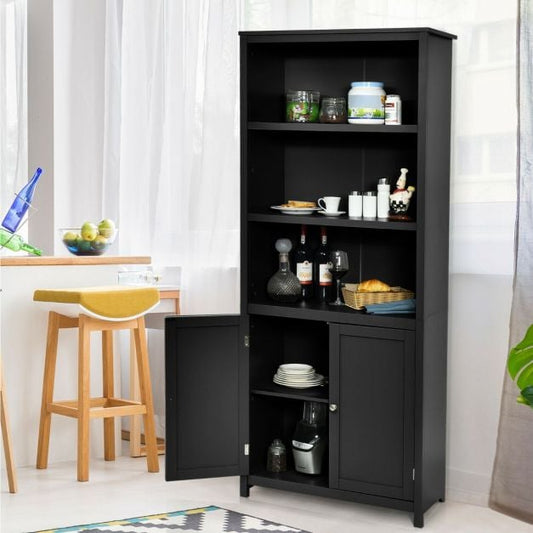 3-Shelf Bookcase with Double Doors & Adjustable Shelves & Cabinet-Black