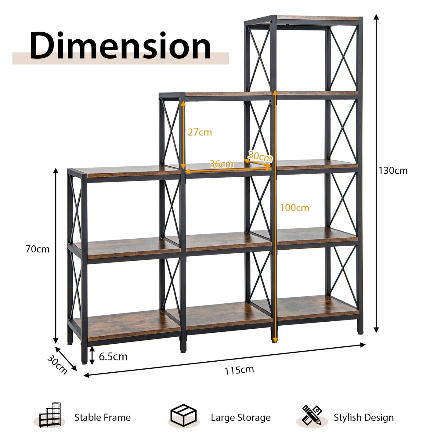 5-Tier Bookshelf 9 Cubes Bookcase with Carbon Steel Frame-Rustic Brown