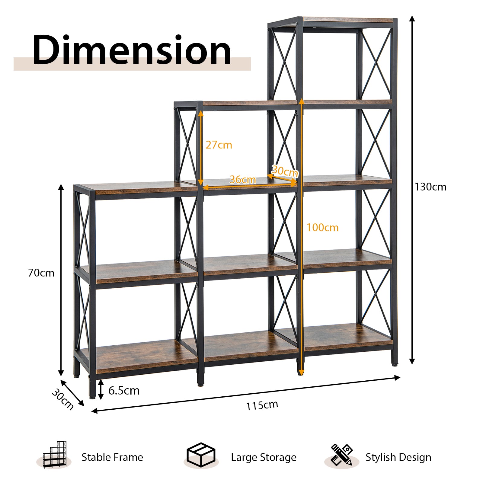 5-Tier Bookshelf 9 Cubes Bookcase with Carbon Steel Frame-Rustic Brown