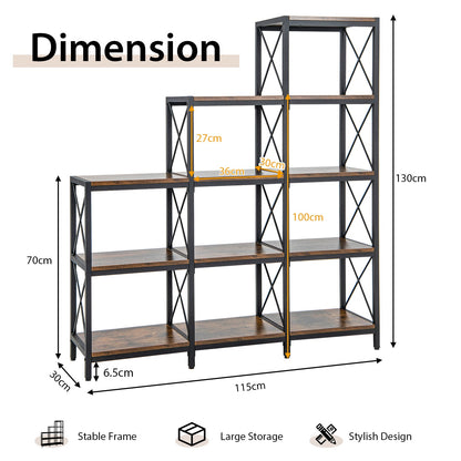 5-Tier Bookshelf 9 Cubes Bookcase with Carbon Steel Frame-Rustic Brown