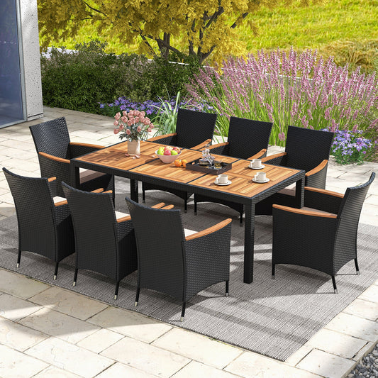 9 PCS Patio Dining Set for 8 Large Conversation Set with Umbrella Hole-Brown
