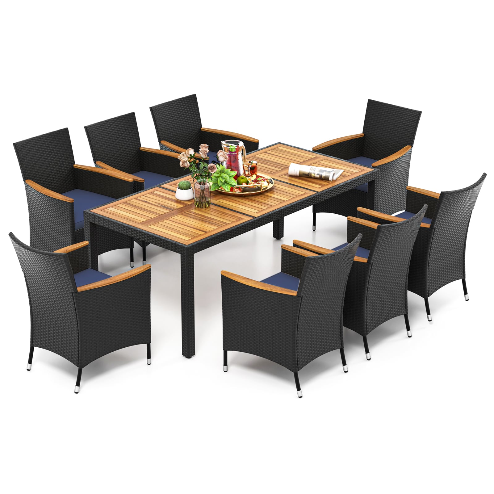 9 PCS Patio Dining Set for 8 Large Conversation Set with Umbrella Hole-Navy