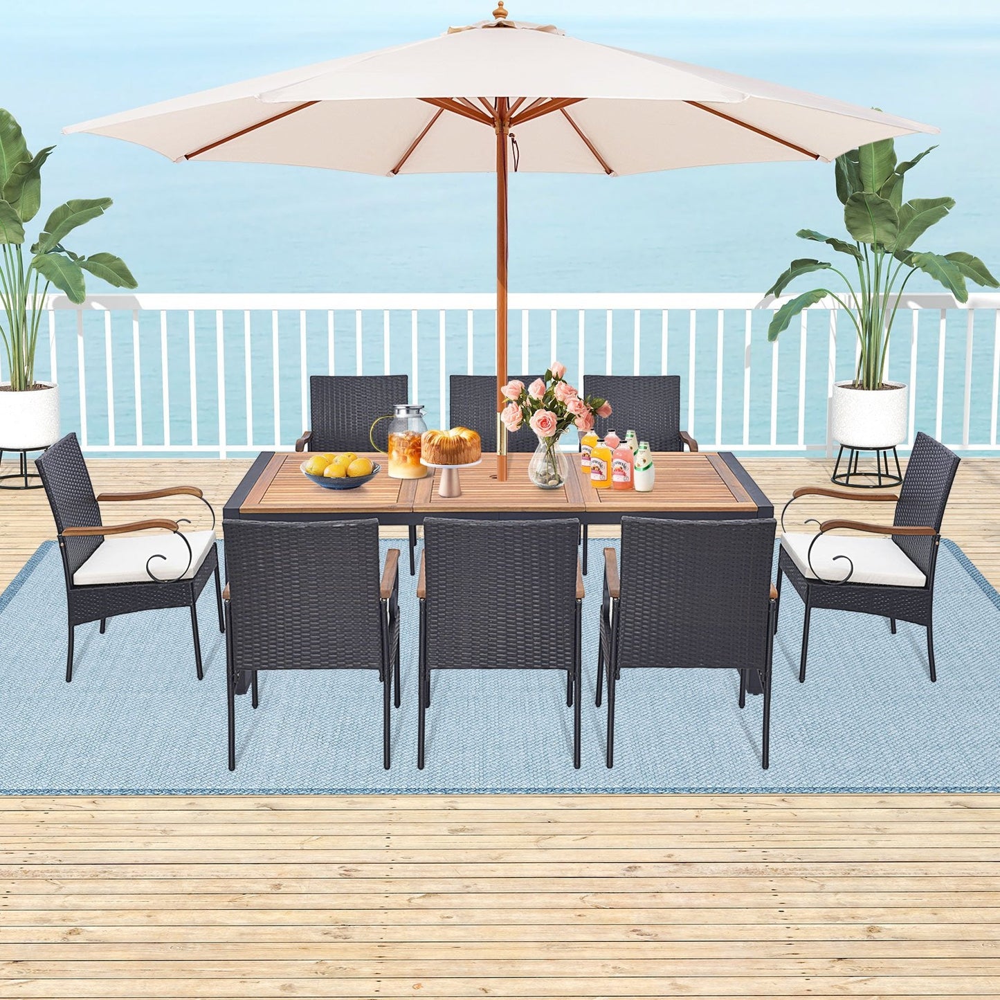 9 Pieces Outdoor Table and Chairs Set with Cushions and Umbrella Hole