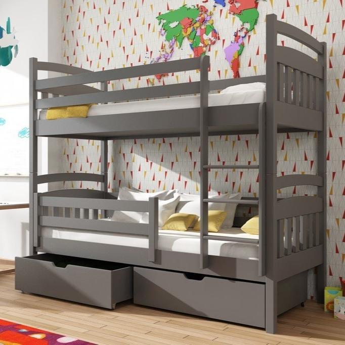 Gray bunk bed with drawers in a room with colorful wall art.