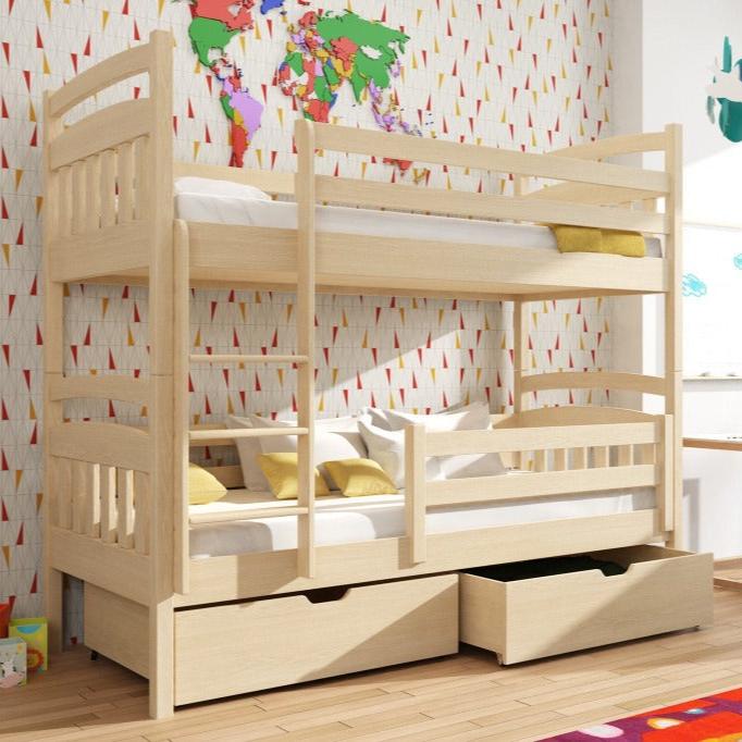 Wooden bunk bed with drawers in a room with colorful wallpaper.