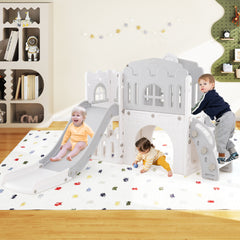 9 in 1 Toddler Slide L Shaped Kids Slide and Climber Playset with Basketball Hoop-Gray & White