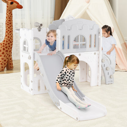 9 in 1 Toddler Slide L Shaped Kids Slide and Climber Playset with Basketball Hoop-Gray & White