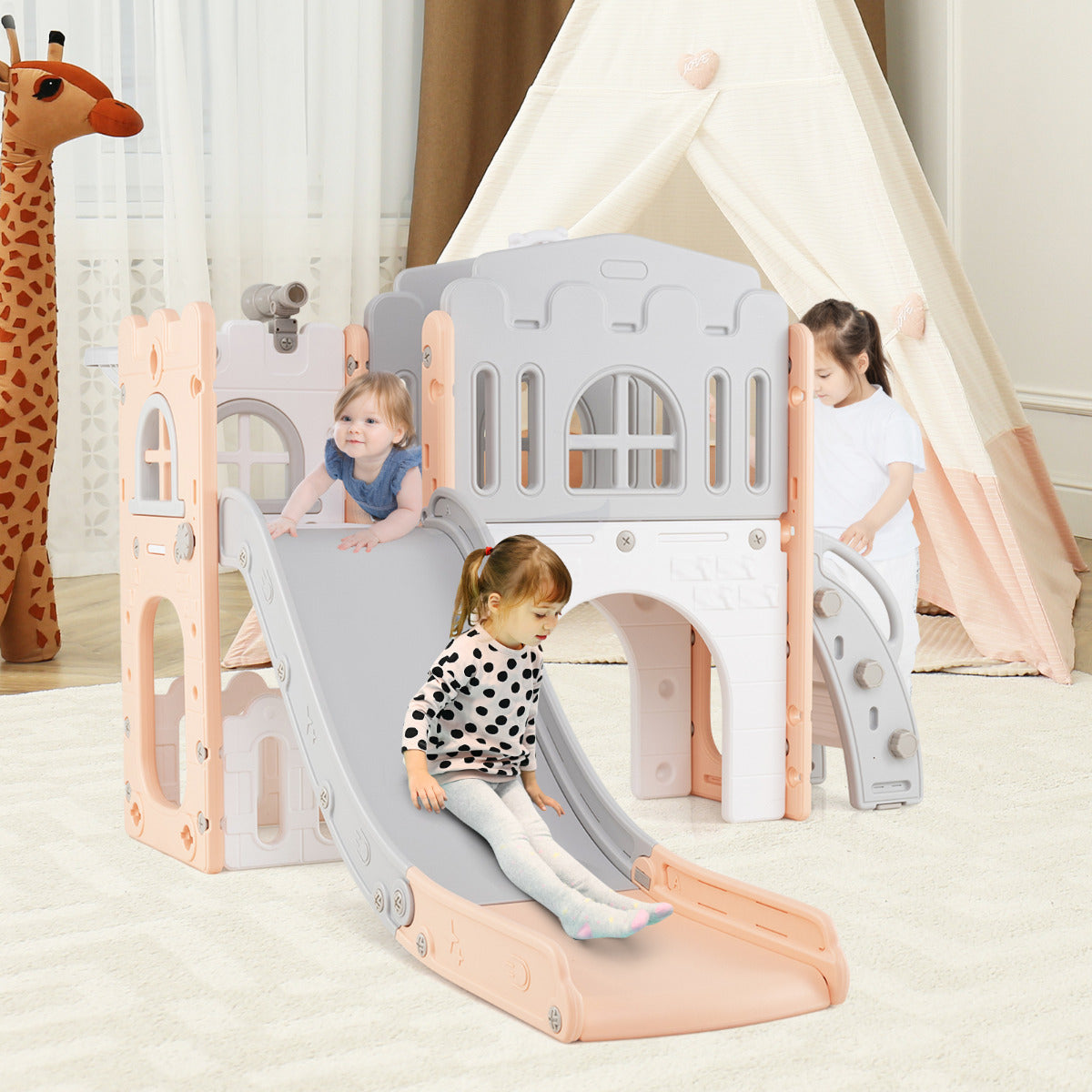 9 in 1 Toddler Slide L Shaped Kids Slide and Climber Playset with Basketball Hoop-Pink & Grey