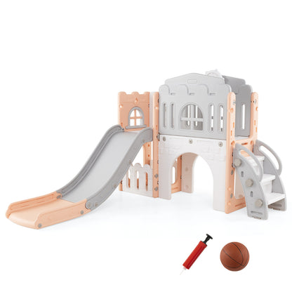 9 in 1 Toddler Slide L Shaped Kids Slide and Climber Playset with Basketball Hoop-Pink & Grey