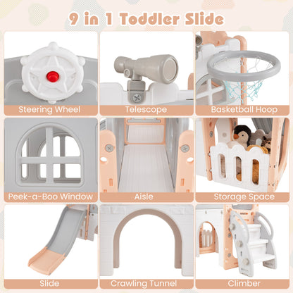 9 in 1 Toddler Slide L Shaped Kids Slide and Climber Playset with Basketball Hoop-Pink & Grey