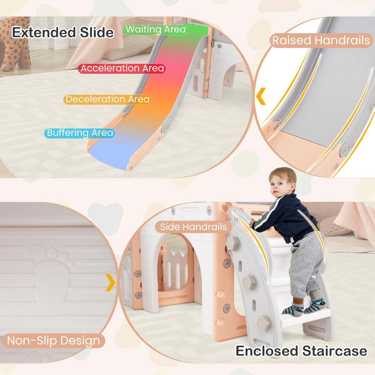 9 in 1 Toddler Slide L Shaped Kids Slide and Climber Playset with Basketball Hoop-Pink & Grey