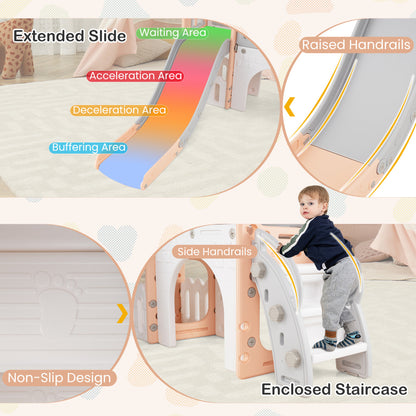 9 in 1 Toddler Slide L Shaped Kids Slide and Climber Playset with Basketball Hoop-Pink & Grey