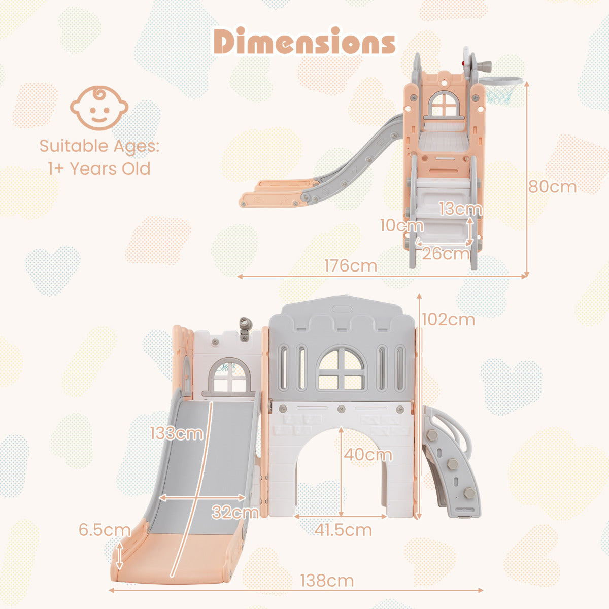 9 in 1 Toddler Slide L Shaped Kids Slide and Climber Playset with Basketball Hoop-Pink & Grey