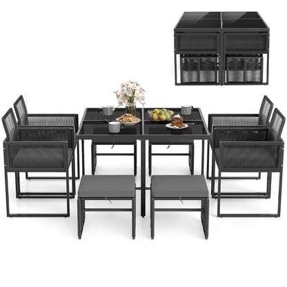 9 Pieces Patio Dining Set with PE Rattan Chairs and Tempered Glass Table-Grey