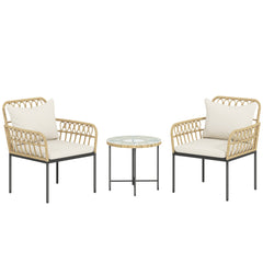 Outsunny 3 Piece Rattan Bistro Set, Wicker Garden Furniture Set with Cushions, Glass Top Coffee Table and Chairs for Outdoor, Patio, Balcony, Beige
