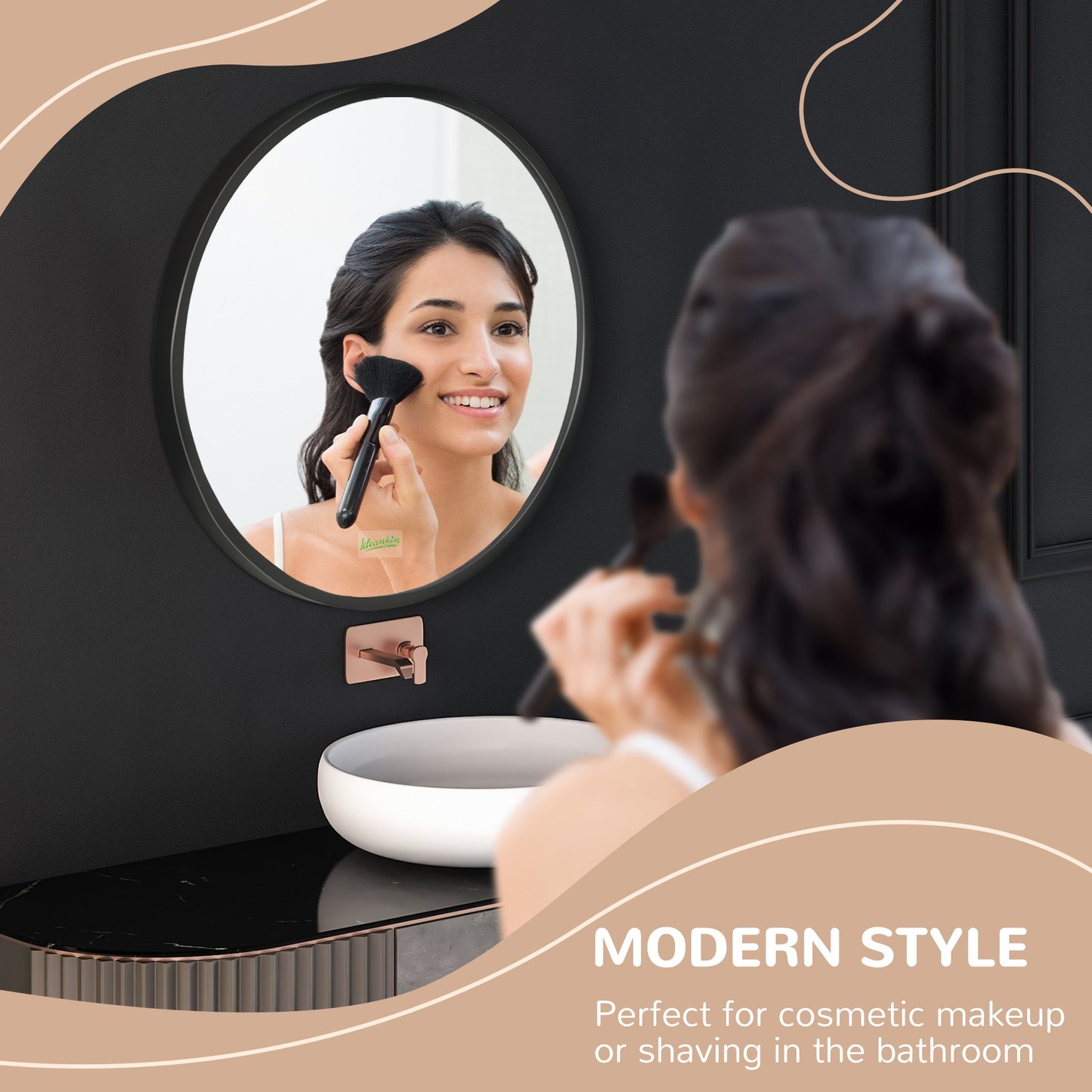 kleankin Round Bathroom Mirror, Modern Wall-mounted Makeup Mirror with Aluminium Frame for Washroom Living Room, Black, 50x50 cm