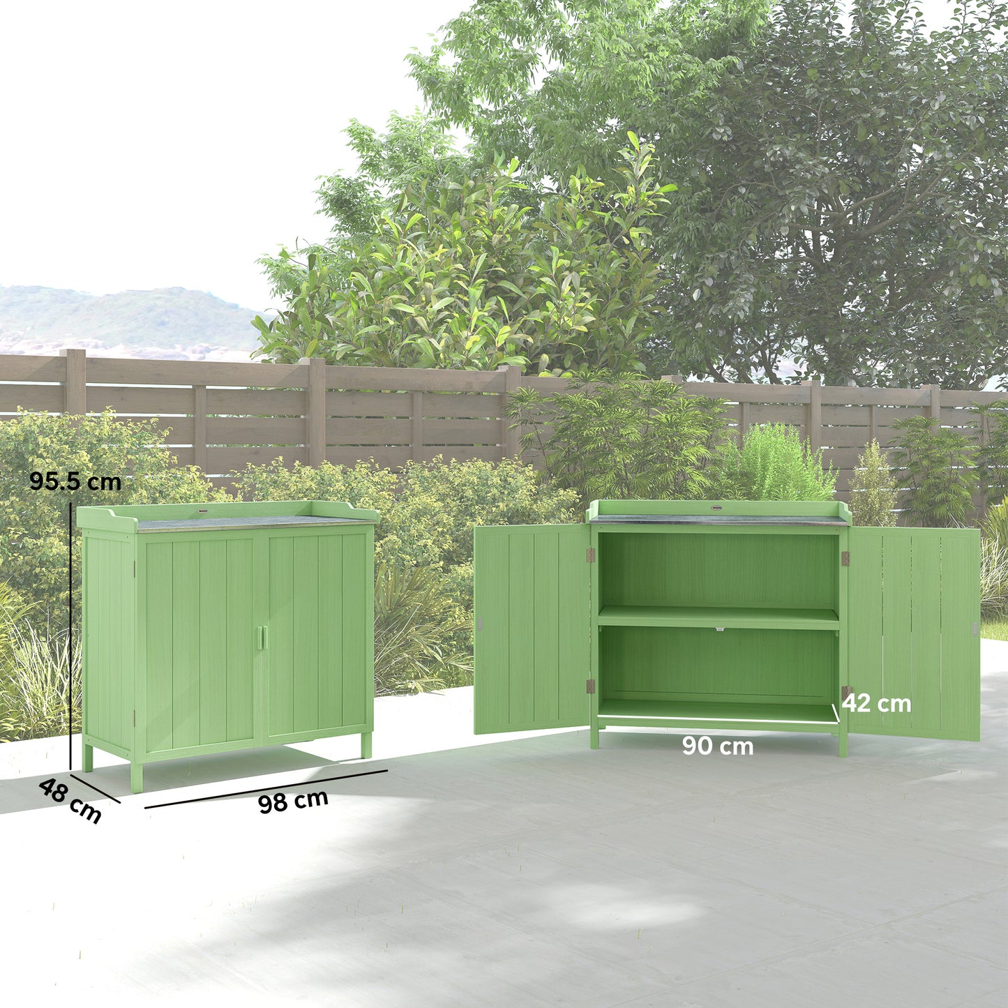 Outsunny Wood Garden Storage Cabinet, Outdoor Tool Shed, Potting Bench Table with galvanised Top and Two Shelves for garden Tools or Pool Accessories, Green