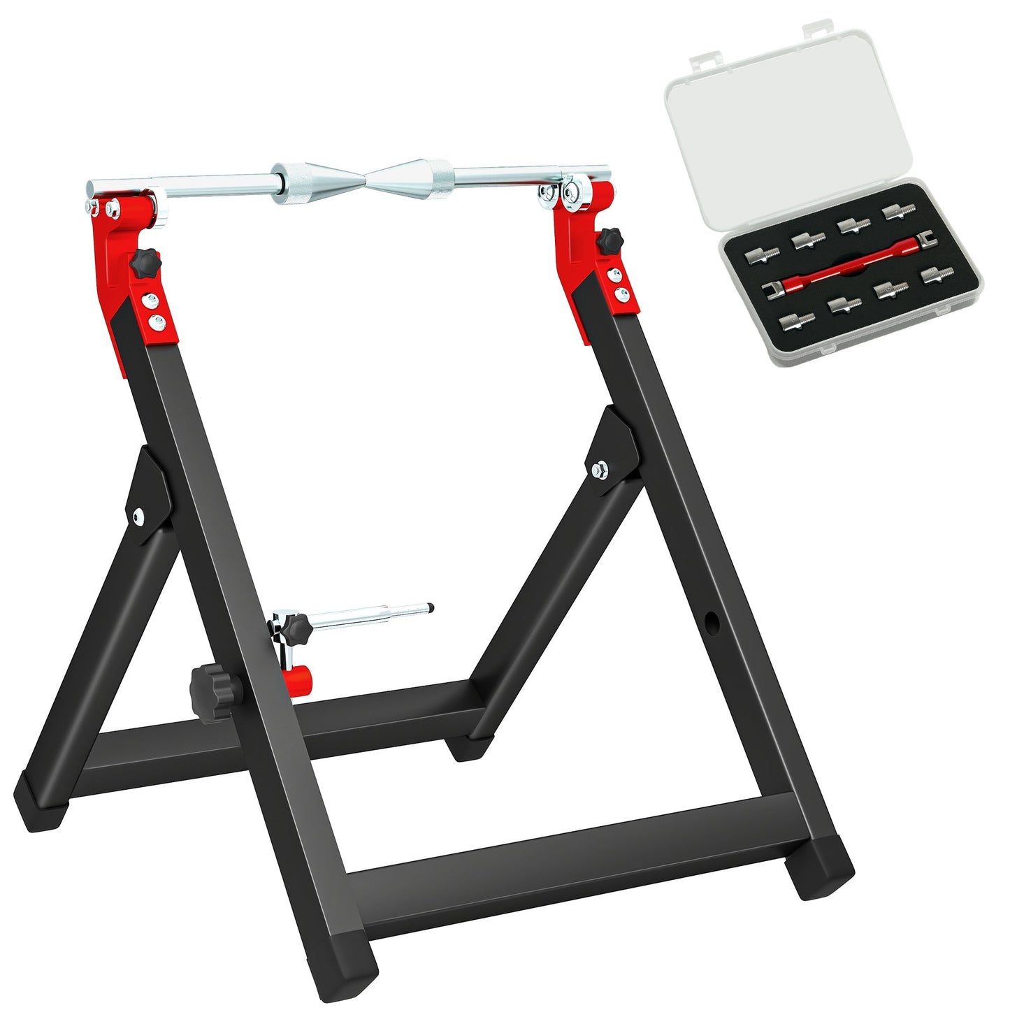 HOMCOM Foldable Motorcycle Wheel Balancer Truing Stand with Spoke Wrench, Steel Bike Tyre Rim Balancing Stand with Aluminium Shaft, Fits Wheels up to 23" in Diameter, 5" in Width, Black