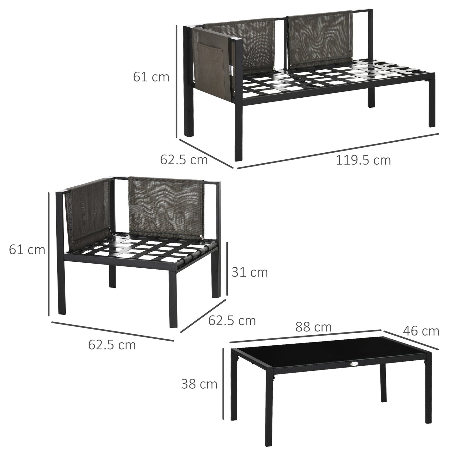 Outsunny 5 Seater Garden Corner Sofa Set, 4 Pieces Metal Garden Furniture Set with Loveseats, Glass Top Coffee Table, Breathable Mesh Pocket, Outdoor Conversation Furniture with Cushions, Light Grey