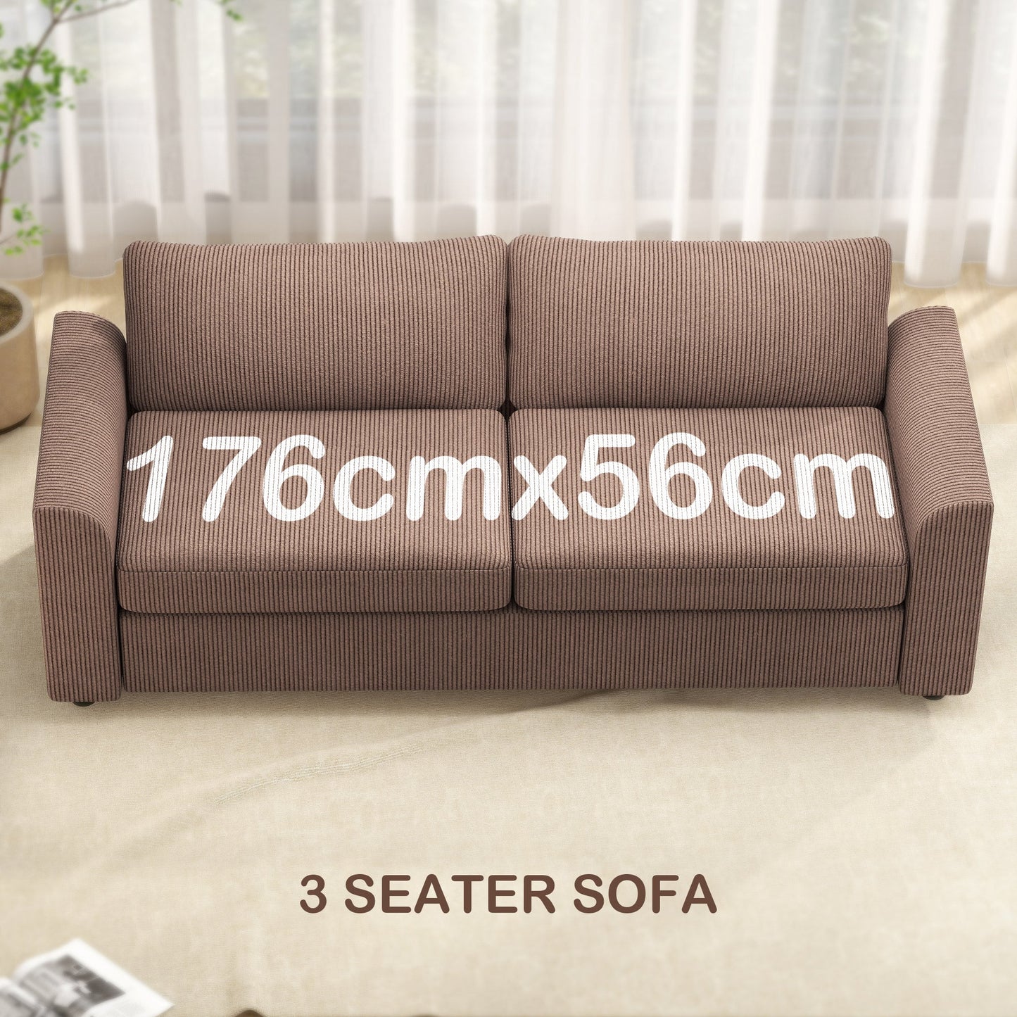 HOMCOM Modern 3 Seater Sofa with Spring Cushion, 212 cm Fabric Jumbo Cord Sofa Couch with 2 Scatter Cushions, Upholstered Corduroy Settee for Living Room, Bedroom, Home Office, Coffee