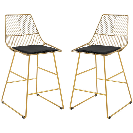 HOMCOM Set of 2 Bar Stools, Modern Counter Height Breakfast Bar Chairs with Wire Metal Frame for Kitchen, Dining Room, Gold