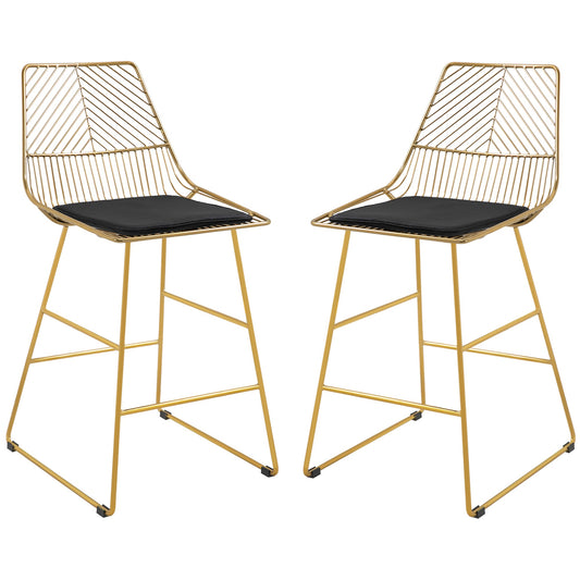 HOMCOM Set of 2 Bar Stools, Modern Counter Height Breakfast Bar Chairs with Wire Metal Frame for Kitchen, Dining Room, Gold