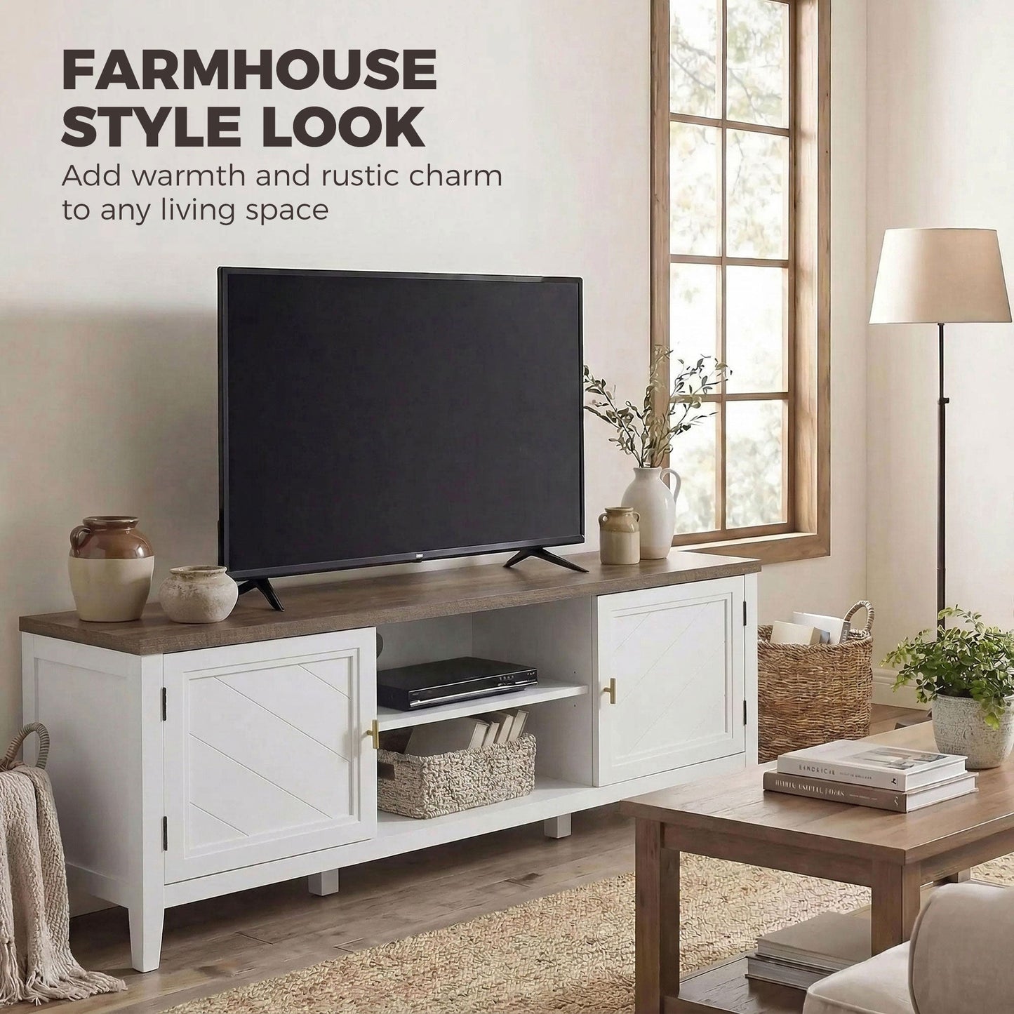 HOMCOM TV Stand for TVs up to 42 Inch, Farmhouse Entertainment Center with 2 Open Shelves, 2 Cabinets and Thick Top