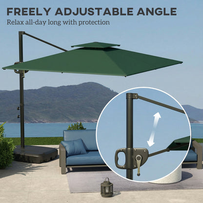 Outsunny Cantilever Parasol with Weighted Base Double Top Garden Parasol Square Hanging Patio Umbrella with Crank Tilt Dark Green