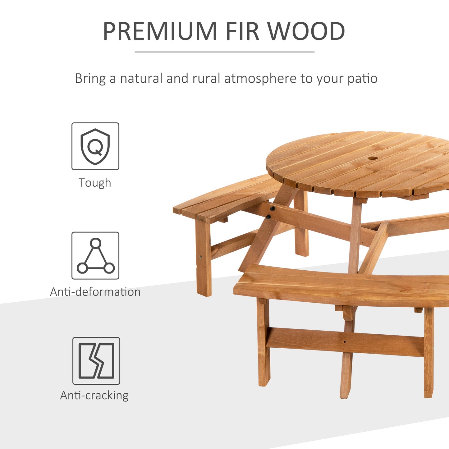 Outsunny 6 Seater Wooden Picnic Table and Bench Set Round Patio Dining Set with 3 Benches and Umbrella Hole Outdoor Garden Park