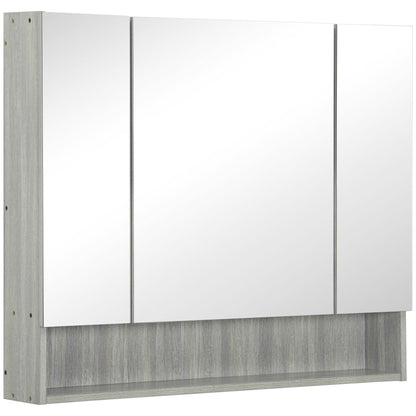 Kleankin Bathroom Mirror Cabinet, Wall Mounted Storage Cabinet with Adjustable Shelves, 3 Doors and Cupboards, Grey