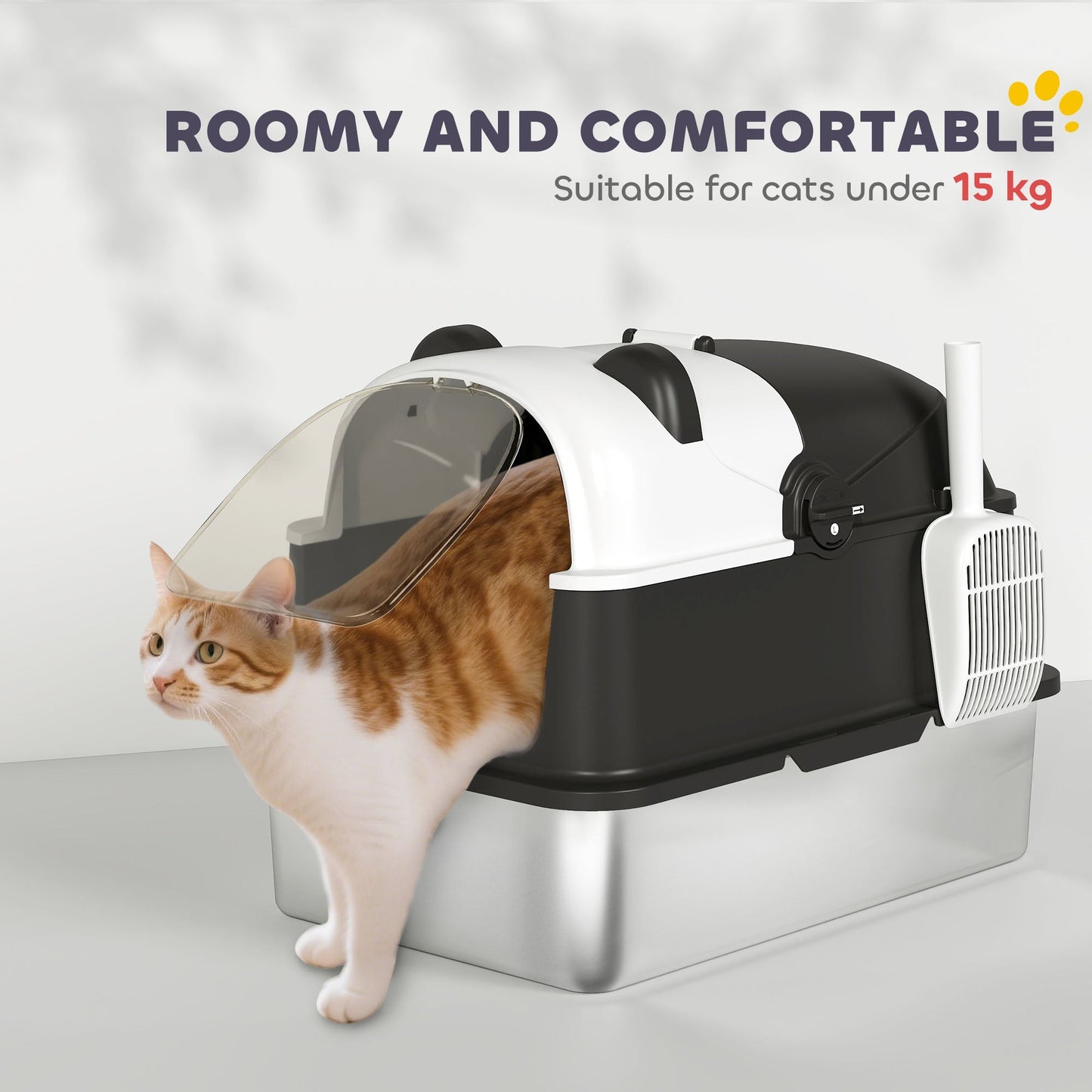 PawHut Panda Style XL Stainless Steel Cat Litter Box with Lid, Enclosed Kitty Litter Box with Scoop, 60 x 40 x 45 cm